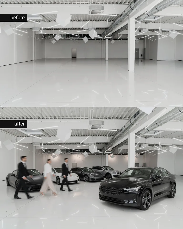 Oben eine leere Halle, unten dieselbe Halle als Showroom mit Fahrzeugen und Besuchern