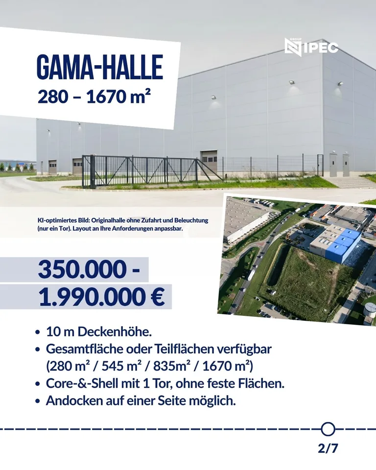 Kampagnenmotiv „Gama-Halle“ mit KI-optimiertem Hallenbild, Luftaufnahme und Preisspanne