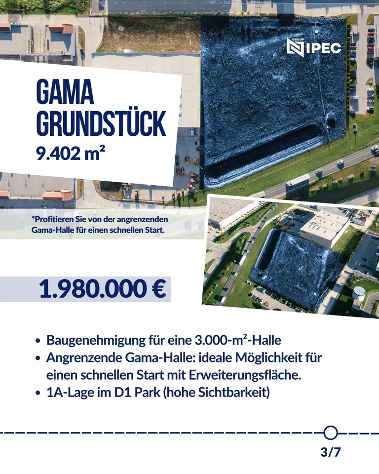 Kampagnenmotiv „Gama Grundstück“ mit Luftaufnahmen der freien Fläche neben der Gama-Halle und Kaufpreis