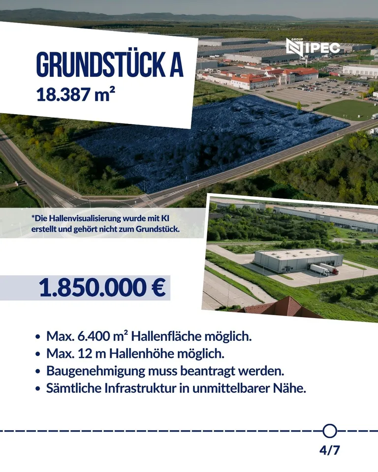 Kampagnenmotiv „Grundstück A“ mit Luftaufnahme und KI-Visualisierung einer möglichen Halle