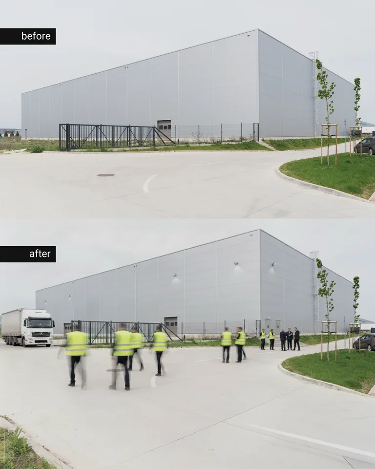 Oben eine leere Industriehalle von außen, unten dieselbe Halle mit Lkw und Personen in Warnwesten