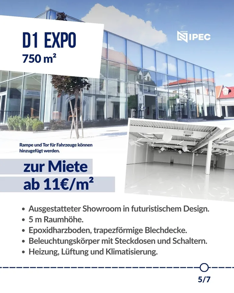 Kampagnenmotiv „D1 Expo“ mit verglastem Gebäude, Innenansicht des Showrooms und Mietpreis