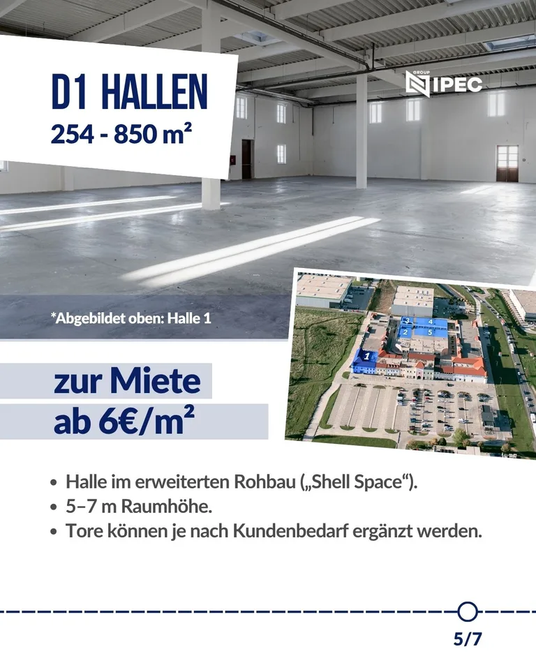 Kampagnenmotiv „D1 Hallen“ mit leerer Halle, Luftaufnahme des Areals, Flächenangabe und Mietpreis