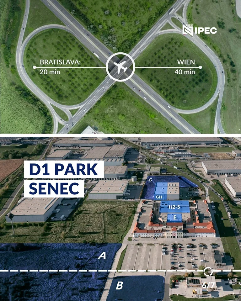 Kampagnenmotiv mit Luftaufnahmen des D1 Park in Senec und den Fahrzeiten nach Bratislava und Wien