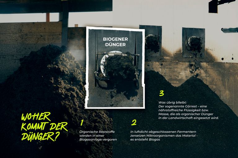 LinkedIn-Grafik „Woher kommt der Dünger?“ mit Fotos aus der Biogasanlage und drei nummerierten Erklärungen