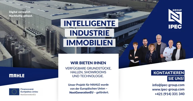 Awareness-Motiv „Intelligente Industrie-Immobilien“ mit Luftaufnahme einer Halle und dem IPEC-Team