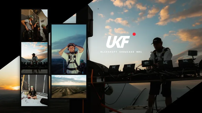 Enei am DJ-Pult bei Sonnenuntergang auf der Windradgondel, daneben Fotos vom Aufbau, oben rechts das UKF-On-Air-Logo