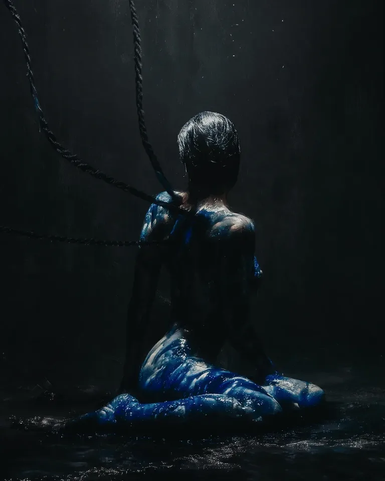 Porträtfotografie: Person mit blauer Bodypaint-Bemalung, Low-Key-Licht